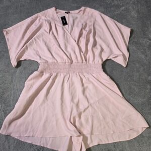 Express Womens L Romper Pink Smocked Waist Surplice V-Neck Kimono Sleev 07900326